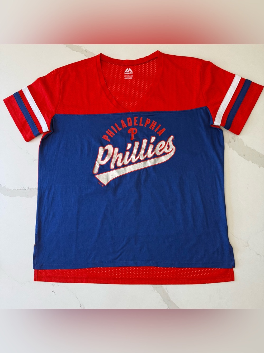 Majestic Philadelphia Phillies Womens XL Red Blue Colorblock V Neck Baseball Tee
